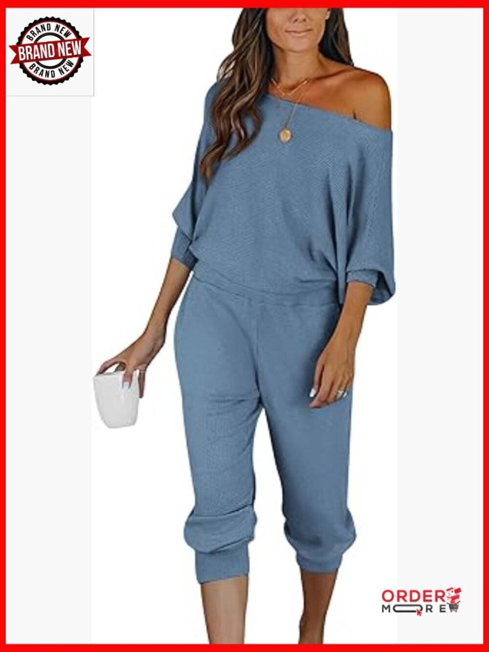 Two Piece Ribbed Knit Lounge Set Off Shoulder Top Pants Tracksuit